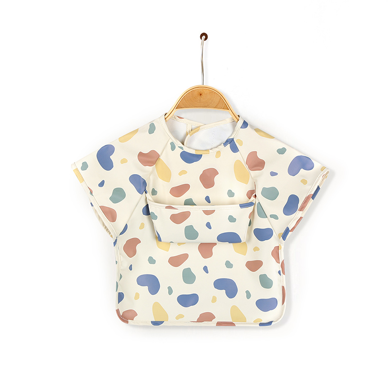 Bavoir tablier en PU à manches courtes et design de poche pour bébé